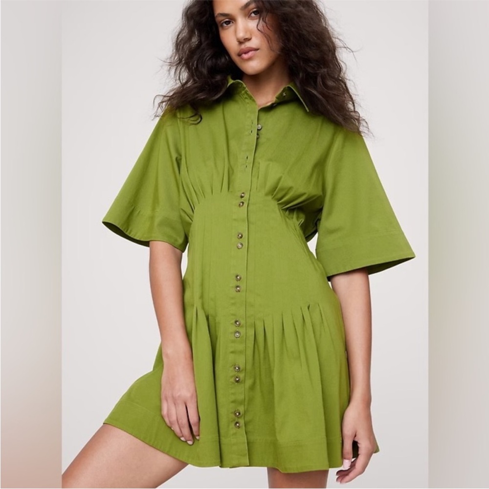 NEW! Banana Republic Olive Green Stretch-Cotton Poplin Pintuck Shirt Dress - 🪗